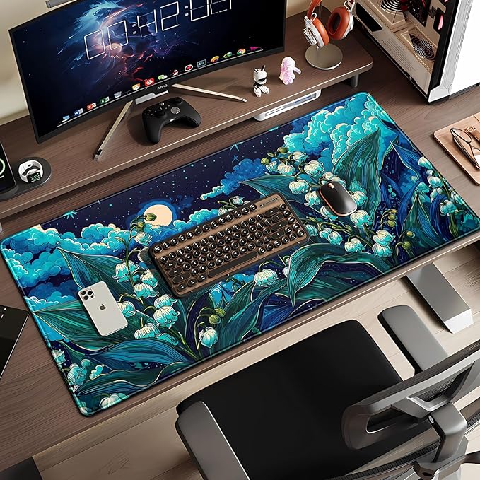 Desk Mat Floral Blue Green Large Mouse Pad 31.5''X15.7'' Lofi Aesthetic Desk Pad Lily of The Valley Extended Gaming Mousepad XXL Keyboard Mouse Mat Pretty Office Decor