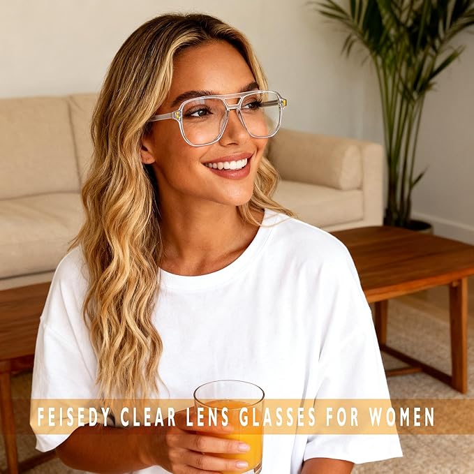 FEISEDY Blue Light Blocking Glasses Fake Nerd Clear Square Computer Lightweight Pilot Glasses Frame Oversized B2866