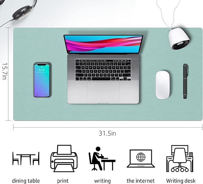 Desk Mat Large protector Pad - Multifunctional Dual-sided Office Desk Pad,Smooth Surface Soft Mouse Pad,Waterproof Desk Mat for Desktop, Pu Leather Desk Cover for Office/Home(Lake Blue, 31.5" x 15.7")