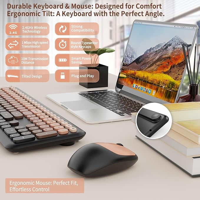 HotFox Wireless Keyboard and Mouse Combo, Full-Size Retro Typewriter Keyboard with Round Keycaps, Ergonomic Design for Windows PC, Home and Office Use -Red