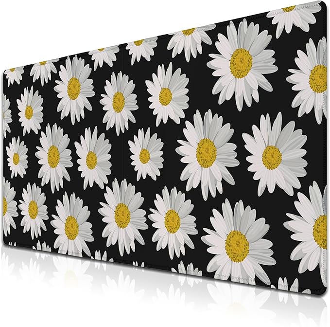Big Mouse Pad Black Desk Pad Large Gaming Mousepads Pc Mouse Pads Office Items Non-Slip Rubber Base Waterproof with Stitched Edges 35.4 X 15.7 for Game Office, White Daisies