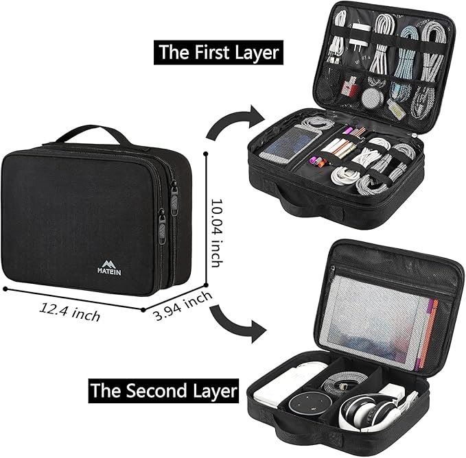 MATEIN Cable Organizer Bag, Large Travel Storage Bag Sturdy Tool Case with Handle for Phone Cord Electronics Accessories, Carrying Case for Tablet (Up to 12.9inch), Powerbank, Hard Drive, Black - Image 3