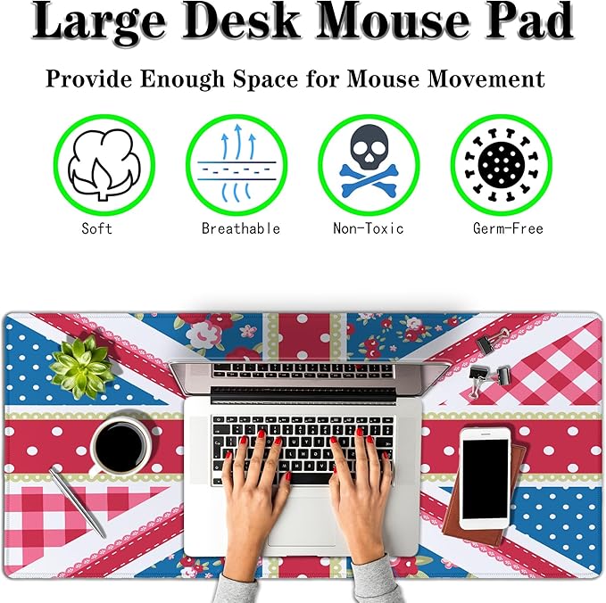 Union Jack Gaming XXL Mouse Pads British Flag Mouse Pad Shabby Chic Floral Style Mousepads Non-Slip Rubber Base Waterproof with Stitched Edges, 35.4" X 15.7" for Work/Game/Office/Home
