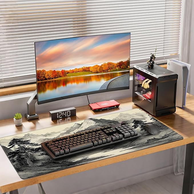 35.4 x 15.7 Inches Chinese Ink Painting Mountain Landscape Gaming Mouse Pad, XXLExtended Desk Mat with Non-Slip Rubber Base