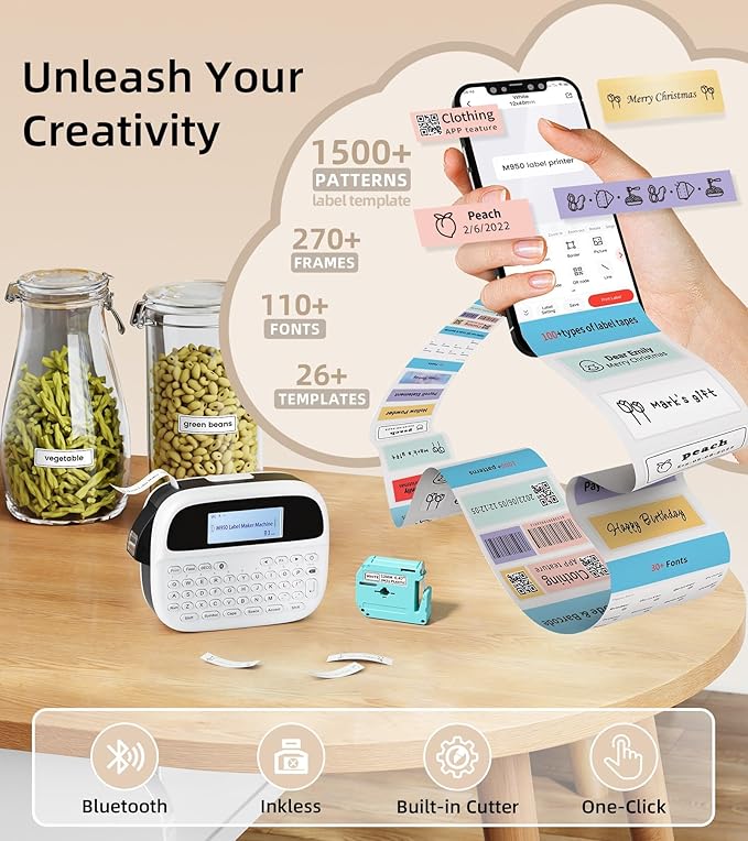 Label Maker Machine with-Tape, Rechargeable Label Maker Waterproof-Labels, Backlit Bluetooth Labeler, M950 12mm Portable Labeling Maker for Home Organization Office School Teacher Supplies