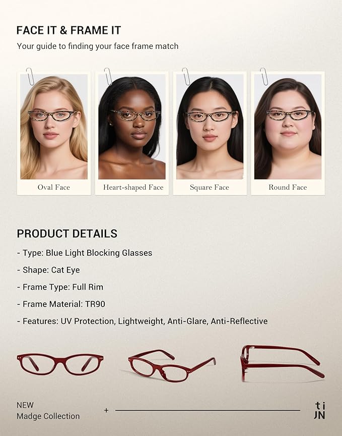 TIJN Blue Light Blocking Glasses Women Men Retro Cat Eye Square Oval Anti Glare Screen Computer Gaming Daily Eyeglasses TR90