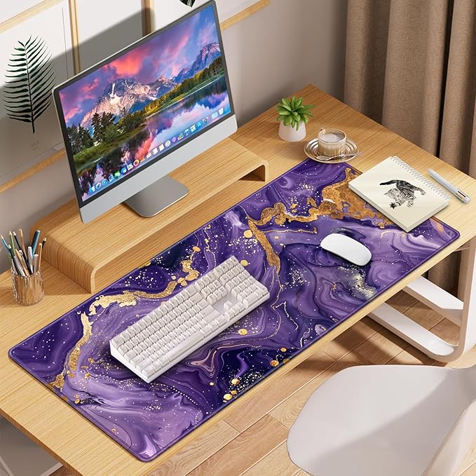 Large Gaming Mouse Pad XXL 35.4×15.7in, Mousepad Purple, Extended Computer Keyboard Mouse Mat Desk Pad for Laptop with Stitched Edges, Waterproof Mousepad for Gamer Home&Office Women