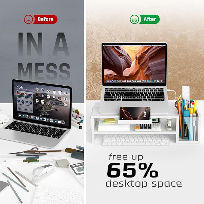 AFOOYO Adjustable Wood Laptop Stand, Ergonomic Height & Angle Computer Riser with Pen Holder – Compatible with MacBook Air/Pro, Dell, HP, Lenovo & 10-17.3" Notebooks – White