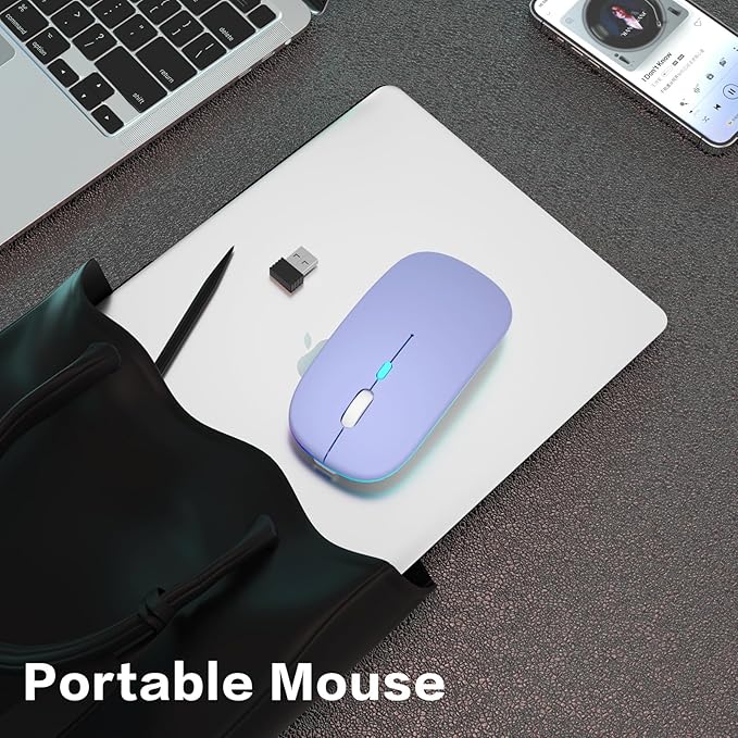 Wireless Bluetooth Mouse Rechargeable Laptop Mice with LED Use Portable(BT5.2 and USB 2.4G) Dual Mode Connection Silent Slim Computer Mouse for Laptop/iPad Tablet/Apple MacBook/PC (Purple)