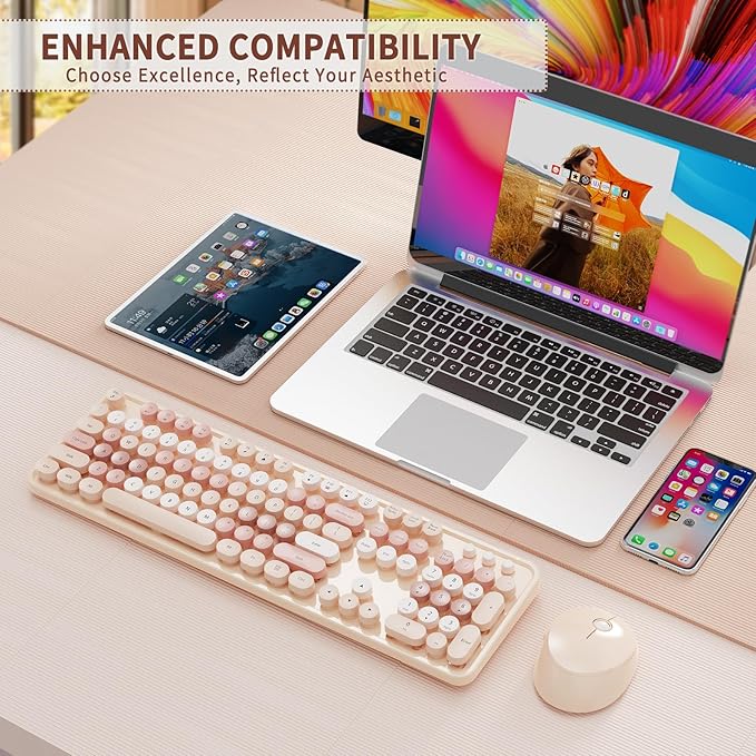 HotFox Wireless Keyboard and Mouse Combo, Full-Size Retro Typewriter Keyboard with Round Keycaps, Ergonomic Design for Windows PC, Home and Office Use -Brown