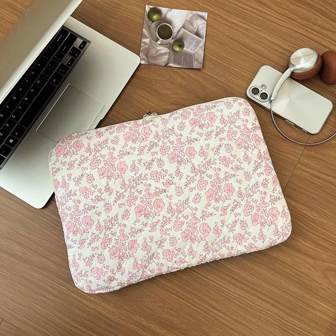 Puffy Laptop Sleeve 13 Inch Cute Quilted Laptop Protective Case Padded Floral Computer Sleeve for MacBook (B-Pink Floral, 13 Inch)