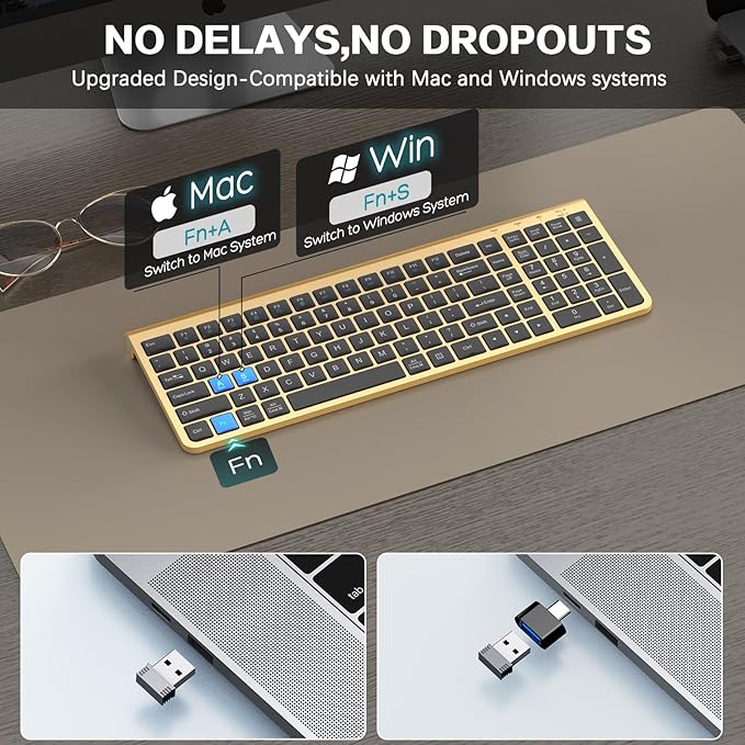 JOYACCESS Black Gold Wireless Keyboard with Low-Profile Keys - 2.4GHz Full-Sized,Windows & Mac OS, Quiet,Ergonomic Keyboard for Computer, Laptop, PC, Mac,Windows- Gold