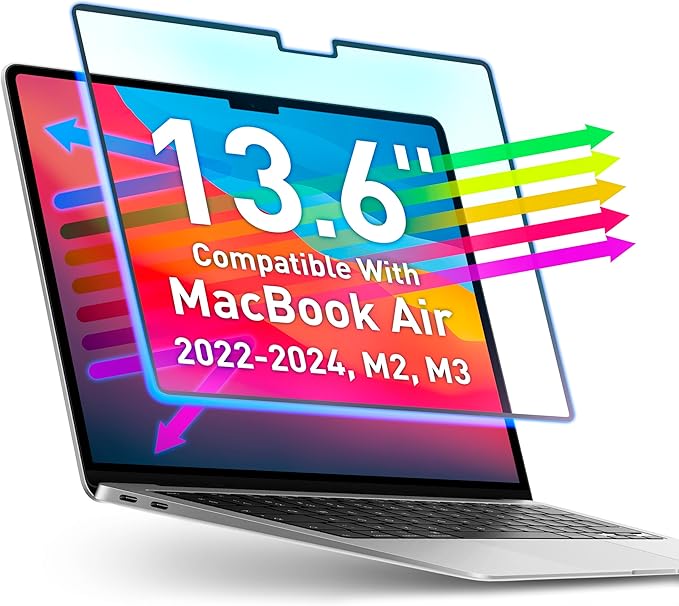 VINTEZ Magnetic Blue Light Screen Protector Compatible With MacBook Air 13.6" 2022, 2023, 2024, 2025 M2, M3 Anti Blue Light Blocking Filter for Laptop
