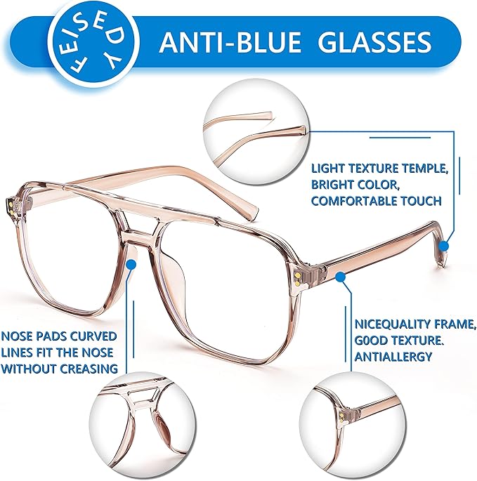 FEISEDY Blue Light Blocking Glasses Fake Nerd Clear Square Computer Lightweight Pilot Glasses Frame Oversized B2866