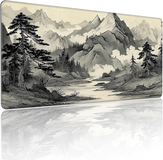 35.4 x 15.7 Inches Chinese Ink Painting Mountain Landscape Gaming Mouse Pad, XXLExtended Desk Mat with Non-Slip Rubber Base
