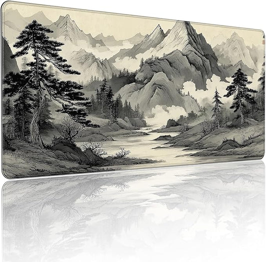 35.4 x 15.7 Inches Chinese Ink Painting Mountain Landscape Gaming Mouse Pad, XXLExtended Desk Mat with Non-Slip Rubber Base