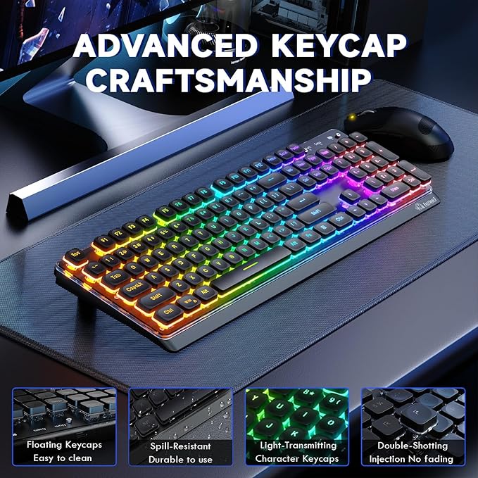 M104 Wireless Gaming Keyboard with Metal Panel Wired/Bluetooth Mechanical Feel Membrane Full Size Keyboard with Numeric Keypad RGB 4000MAH Rechargeable Quiet for PC Gamer-Black