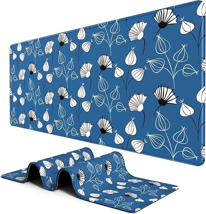 BOSOBO Large Mouse Pad, Desk Pad, XXL XL Extended Gaming Mouse Pad, Desk Mat for Office & Home, Long Keyboard Mat, Huge Mouse Pad, Desktop Full Cover 31.5 x 11.8 Inches, Minimalist Blue White Flowers