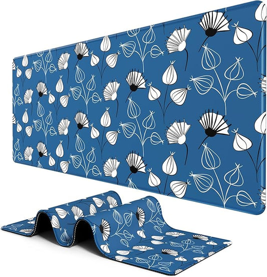 BOSOBO Large Desk Pad - XXL XL Extended Gaming Mouse Pad, Long Keyboard Mat for Office & Home, Desktop Full Cover 35.5 x 15.7 Inches, Minimalist Blue White Flowers