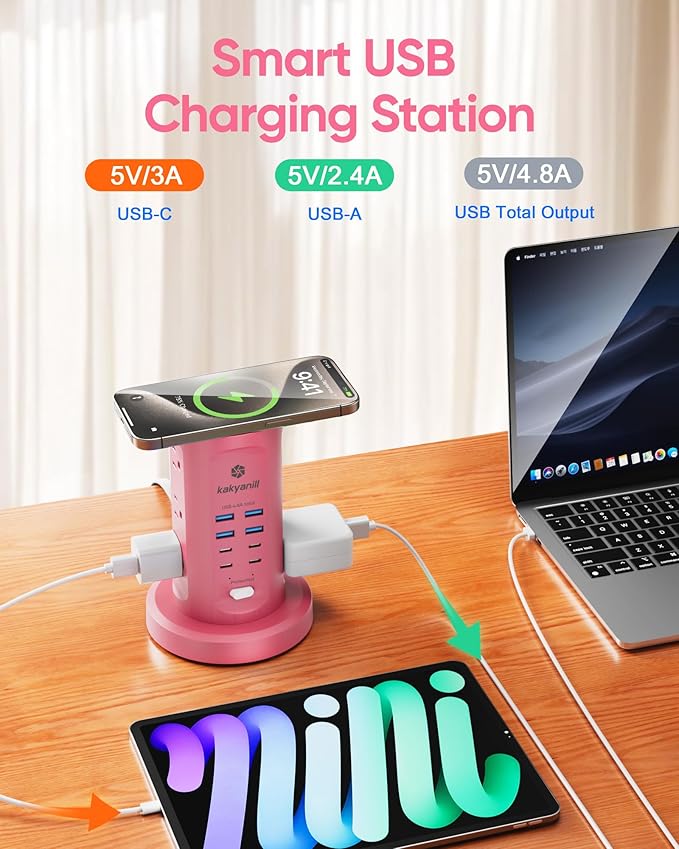Power Strip Tower, kakyanill Surge Protector Tower 9 AC Outlets 8 USB (4 USB C), 6 Ft Retractable Extension Cord, Charging Station for Office Dorm Room, Pink