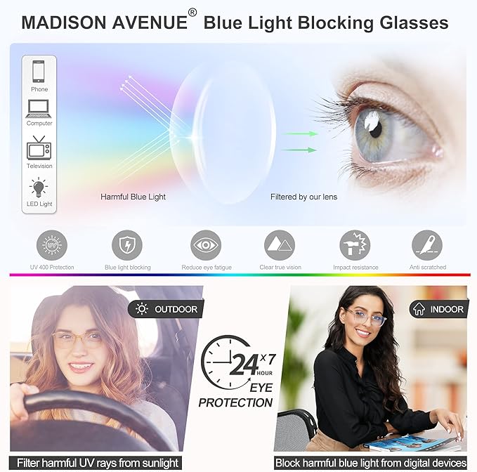 Madison Avenue Blue Light Blocking Glasses Anti Eyestrain UV Glare Blue Light Glasses for Women TV Phone Computer Gaming Eyeglasses (Black)