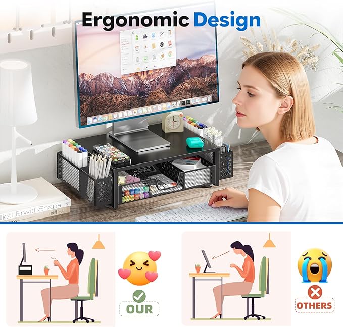 Simple Trending Desk Organizer and Accessories, Computer Metal Monitor Stand Riser with Drawer and Pen Holder for Laptop, Computer, iMac, Black