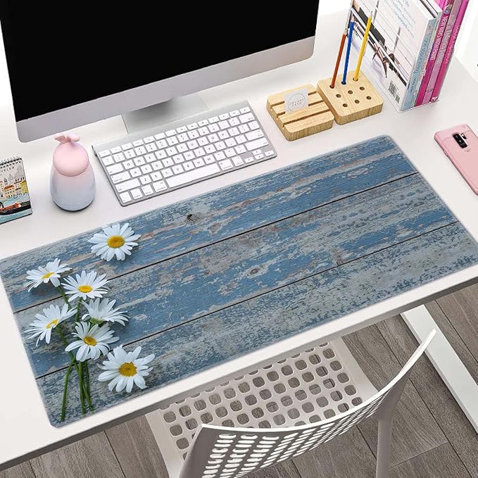 Large Gaming Mouse Pad, Extended XL Mousepad, Non-Slip Rubber Base Keyboard Mouse Mat Desk Pad for Work, Game, Office, Home, 31.5 x 11.8 in, Daisy Flowers on Old Wooden