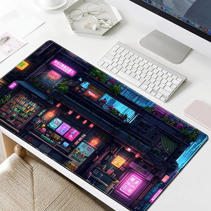 Cyberpunk Desk Mat 31.5''X15.7'' Neon Lights Desk Pad Large Gaming Mouse Pad Modern City Ramen Shop Extended Mousepad XXL Japanese Keyboard Mouse Mat for Computer Laptop Gamers