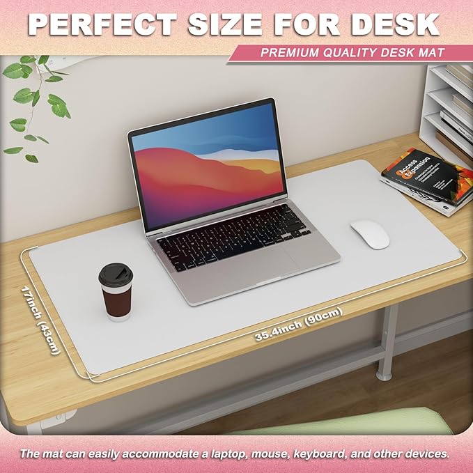 K KNODEL Leather Desk Pad Protector, Office Desk Mat, Large PVC Leather Desk Blotter, Non-Slip Mouse Pad (White, 17" x 35.4")