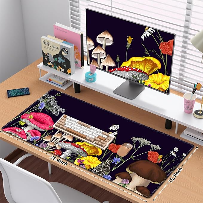 Desk Matt for Desktop, Desk Pad Mat, Mouad Pad for Keyboard and Mouse, XXL Large Mouse Pad for Desktop, Anti-Slip Big Mousepad with Stitched Edges, Mouse Mat for Computer Laptop, Mushroom Wildflower