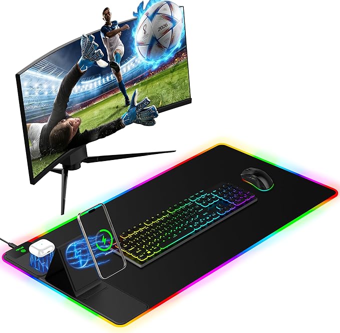 Mouse Pad with Adjustable Phone Stand Dual Wireless Charger, 15W Fast Charging Desk Mat, Extra Large 31.5x15.75 Waterproof Desk Pad for iPhone Samsung Air-Pods, Gaming Mousepad w/ 11&4 RGB