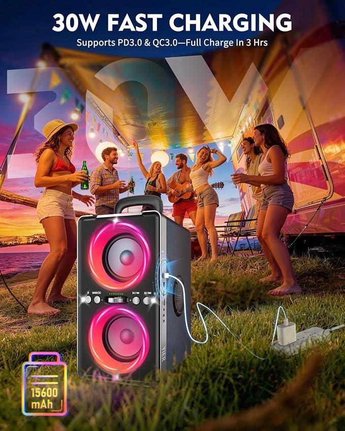 Bluetooth Speaker, 240W Peak Loud Party Speaker with Big Bass, 20H Playtime, TWS, BT5.3, Large Portable Wireless Boom Box with LED Light for Outdoor Backyard Beach Home (Leather Blue)