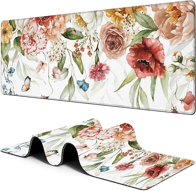 Large Mouse Pad Watercolor Flowers with Butterfly Extended Gaming Mousepad Waterproof Desk Pad with Non-Slip Base and Stitched Edge 11.8 x 31.5 Inch Keyboard Mouse Mat for Home Office Decor