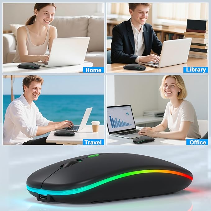 Bluetooth LED Wireless Mouse for MacBook Air iPad Pro Mac Laptop PC - Slim RGB Wireless Mouse, 3 Mode BT 5.2 & 2.4G USB-A/Type-C Connectivity Portable Mice with Jiggler Mode, Matte Black