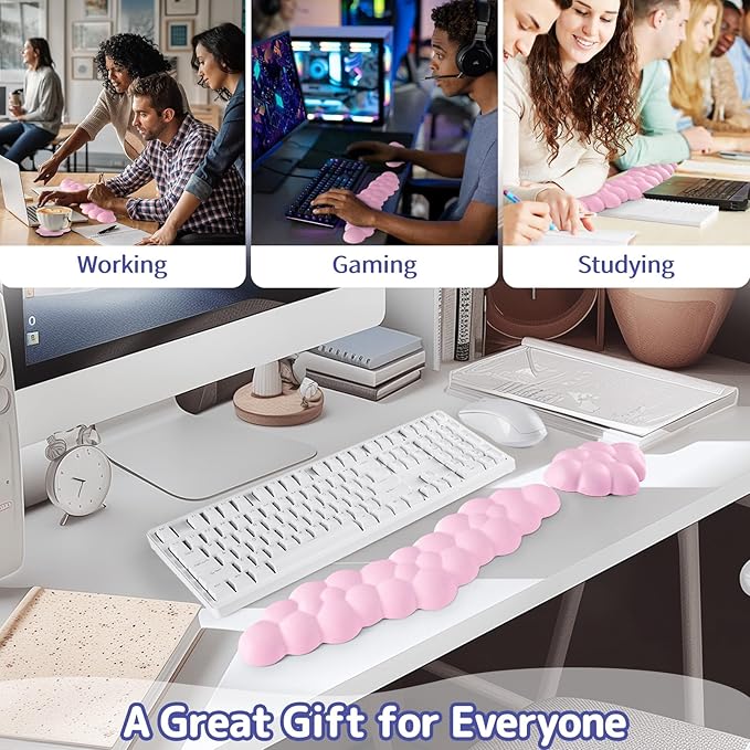 Sushret Cloud Wrist Rest for Keyboard and Mouse, Memory Foam PU Leather Keyboard Wrist Rest with Ergonomic Support, Non-Slip Base, Cute Arm Rest Pad & Palm Cushion, Office Desk Accessory, Pink