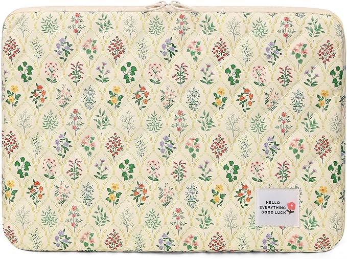 Puffy Laptop Sleeve Case Cute Computer Bag, 14 Inch Flower Printed Quilted Laptop Carrying Cases, Protective Floral Soft Padded Cover Accessories, Compatible with 14"" Notebook, Style A
