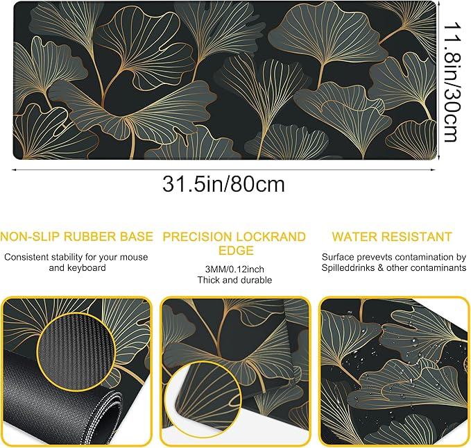 Desk Mat Ginkgo Leaves Desk Pad for Keyboard and Mouse, Large Mousepad with Stitched Edges for Work Game Office, 31.5 x 11.8 in