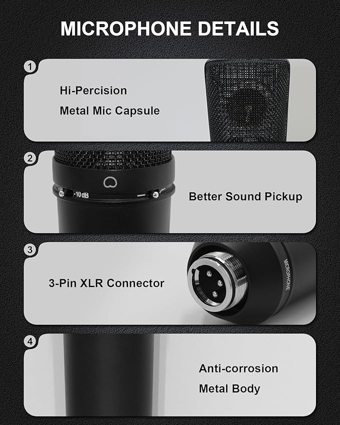 XLR Microphone, Professional Condenser Microphone with 34mm Large Diaphragm, Cardioid Studio Recording Mic Computer Gaming PC TM87KB Mic Kit for Singing, Podcasting, YouTube (Black)