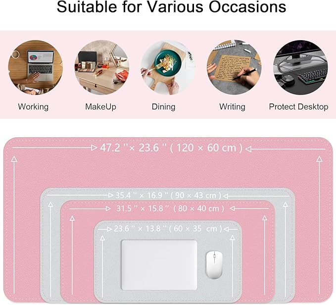 Dual-Sided Desk Mat, Large Desk Pad, Waterproof Smooth PU Leather Desk Blotter Protector Mouse Pad, Desk Organizers, Office/Home Table Decor for Reading and Writing (Pink+Slivery, 47.2''×23.6'')