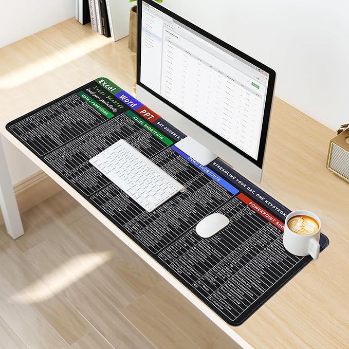 Excel Cheat Sheet Desk Pad, 31.5" x 11.8" Large Shortcuts Mouse Pad, Excel/Word/Power Point Computer Mat, Non-Slip Keyboard Shortcut and XL Gaming Desk Mat for Office Computer