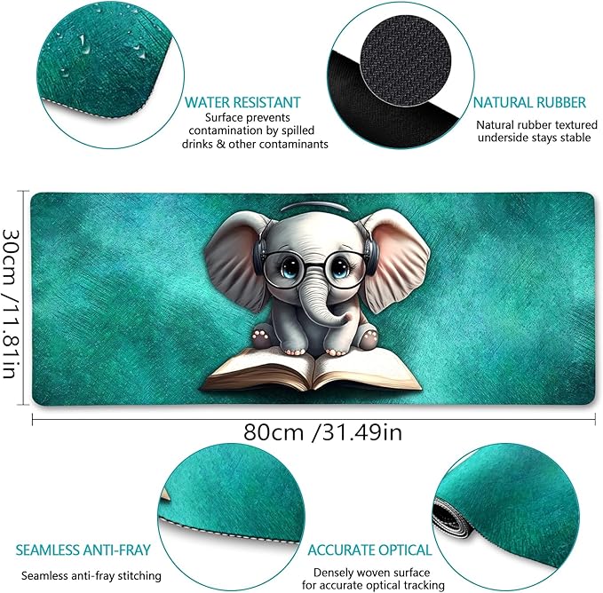 Elephant Mouse Pad, Large Extended Non-Slip Gaming Mat for Desk, Cute Keyboard and Mouse Pad for Computer, Laptop, Office Work, and Home, Stylish Desk Accessories (31.5x11.8 in)