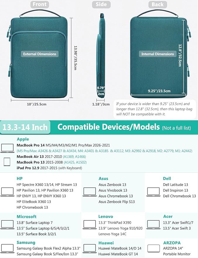 HYZUO 13.3-14 Inch Laptop Bag Sleeve for MacBook Pro 14 M5 M4 M3 M2 M1 Pro/Max A3426 A3427 2026-2021, MacBook Air/Pro 13.3, 13.8"-13.5" Surface Laptop/Book, Notebook Case for 13" Dell HP, Dark Green