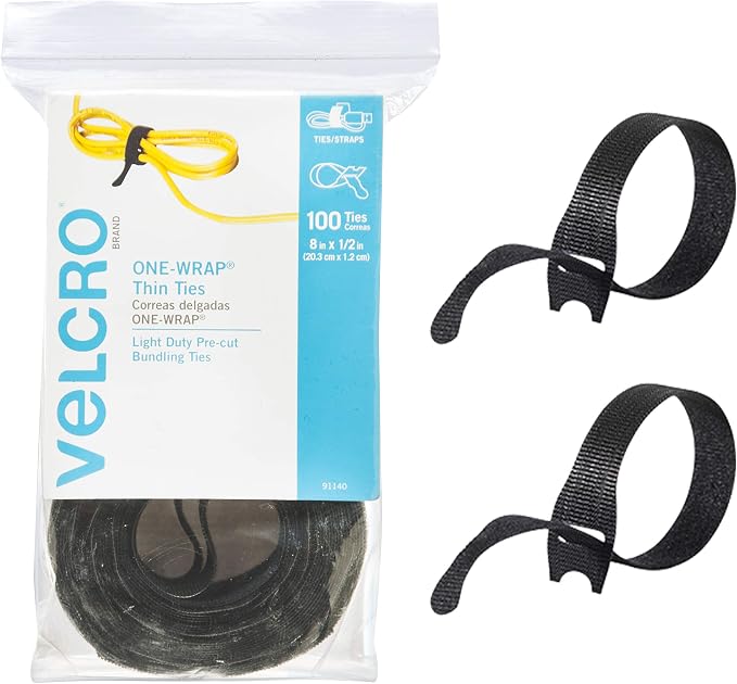 VELCRO Brand ONE-WRAP Cable Ties, 100Pk, 8 x 1/2" Black Cord Organization Straps, Thin Pre-Cut Design, Wire Management for Organizing Home, Office and Data Centers by VELCROBrand