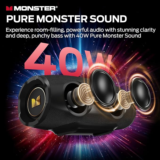 Monster S380 Bluetooth Speaker, Portable Speaker with 40W Stereo Sound, Bluetooth 6.0, 20H Playtime, TWS Pairing, Support AUX/TF Card, IPX6 Waterproof Wireless Speaker for Home, Travel, Outdoor
