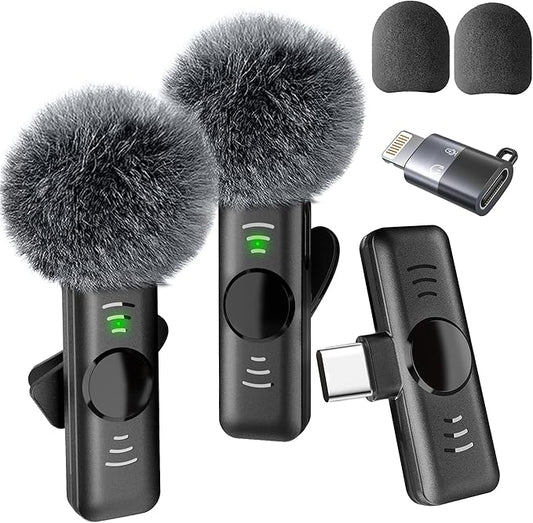 Wireless Lavalier Microphone for iPhone 15/16 Android & Older iPhone - 2 Pack Universal Mini Lapel Mic with Lightning & USB-C Adapter for Video Recording TikTok YouTube Interview