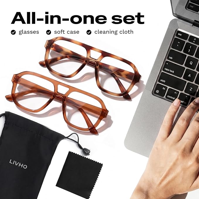 livho Retro Aviator Blue Light Blocking Glasses for Women Men with Soft Case, Trendy Rectangle Computer Eyeglasses