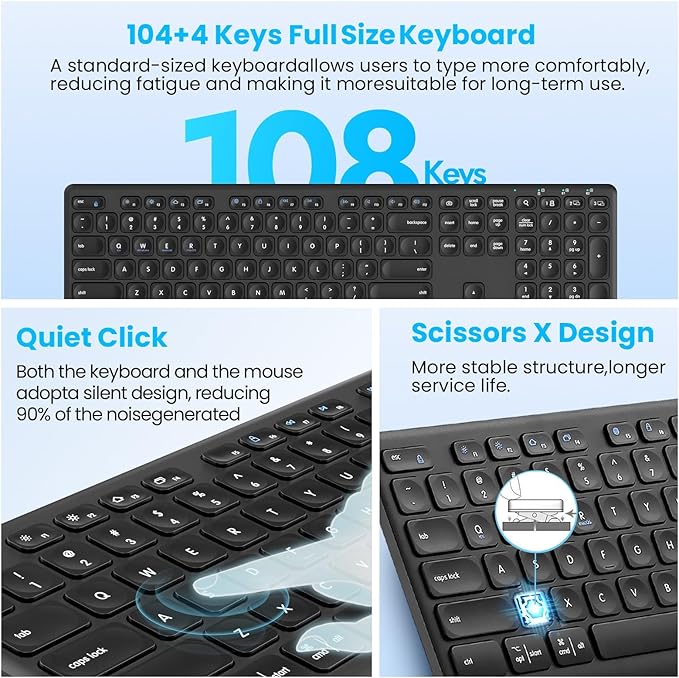 Wireless Bluetooth Keyboard, Support Multi Device Switching, Full Size, Scissor-Switch Keys Silent Design for Computer, Laptop, MacBook and iPad (US layout)
