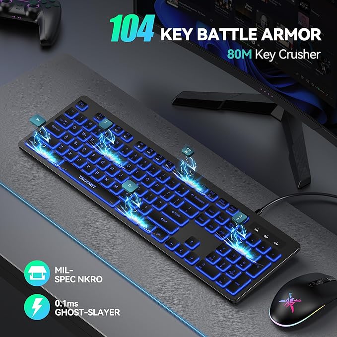 TECKNET Wired Keyboard,Silent USB Keyboard for Office,Spill-Resistant,Slim Full-Size Membrane Layout,Plug and Play for PC/Laptop/Mac-7 Colors Backlit