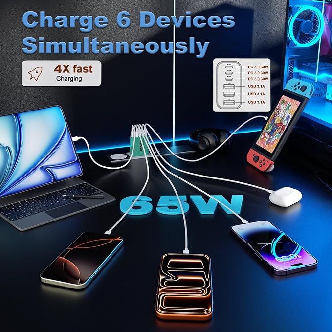 USB C Charger Block, 2-Pack 65W 6-Port USB C Wall Charger iPhone Charger Fast Charging PD Power Adapter+QC Wall Plug Multiport Type C Brick Chargers for iPhone 17 16 15 14 13 12 11 Pro Max XS,Green