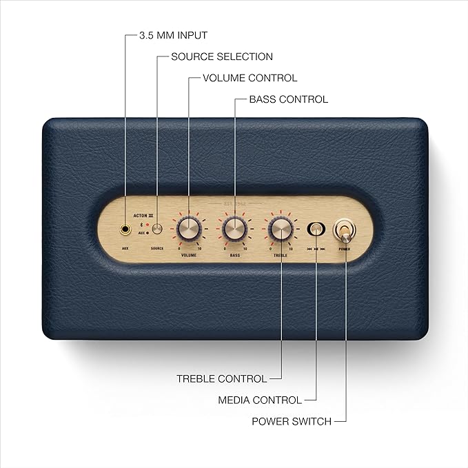 Marshall Acton III Bluetooth Home Speaker - Loud Stereo Sound with Bass and Treble Controls | Plug-in Powered | 3.5 mm Aux Input - Midnight Blue